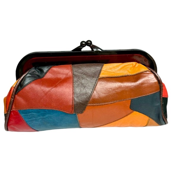 Vintage Leather Patchwork Clutch 70s Boho Western Oversized Clutch Bag Kisslock - Picture 3 of 15